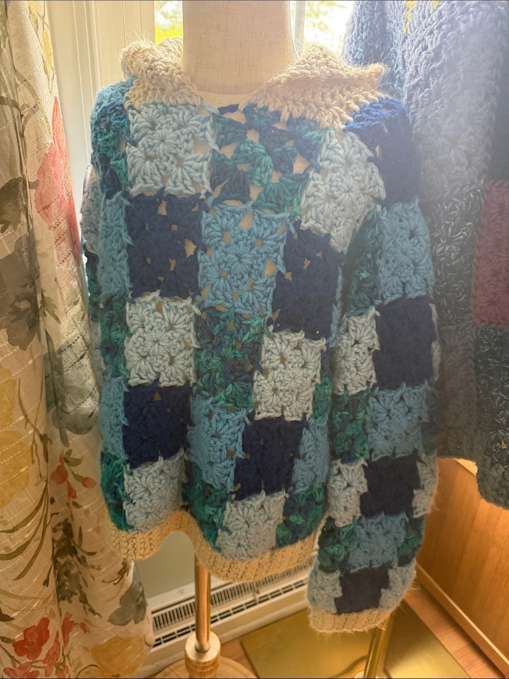 Kids Crochet Patchwork Sweater - Blue & Cream